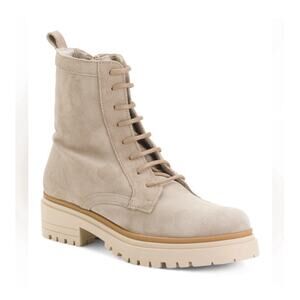 Bertuchi Leather Combat Boots Beige Suede Zipper Lace Up Women's Size 7.5